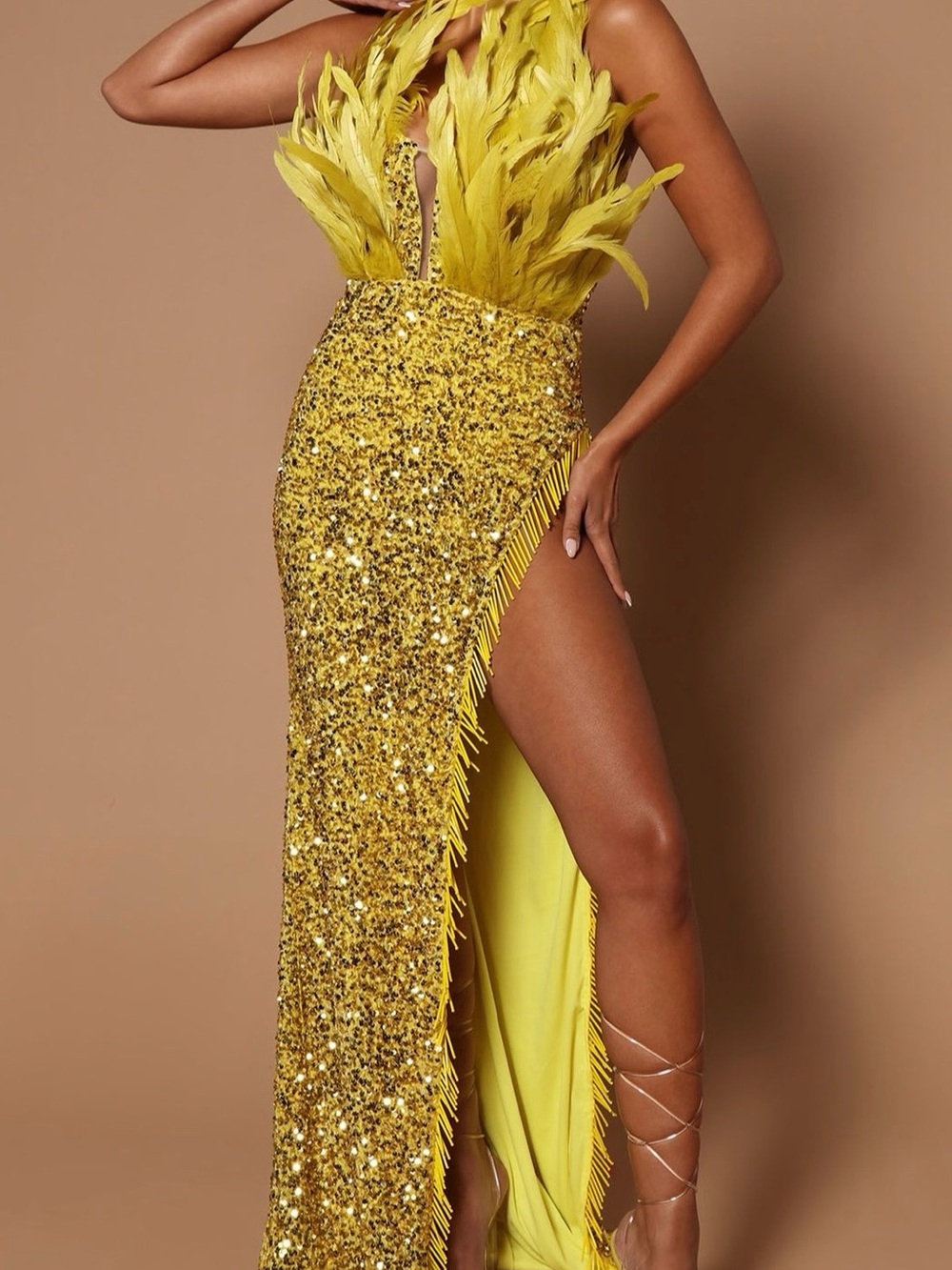 Fashion Nova Yellow Feathered Sequin Maxi Dress